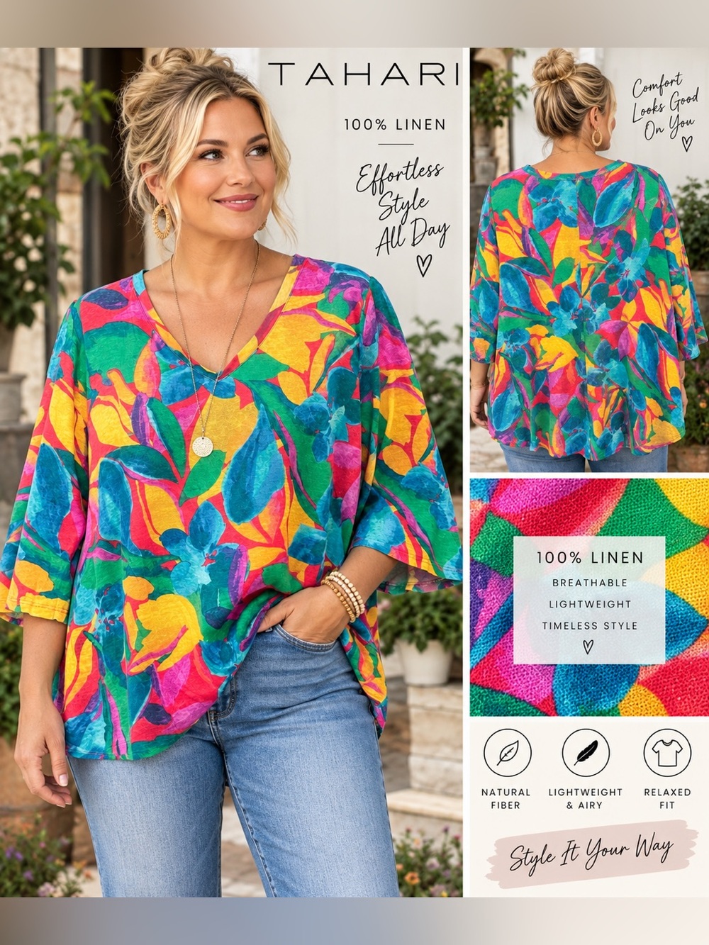 Tahari 100% Linen Multicolor Floral V-Neck Tunic Top Size 3X